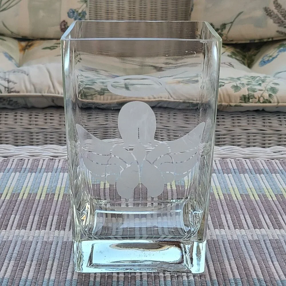 Vintage Etched Flower Vase Angel Wings And Halo Etching Heavy Rectangular Sides